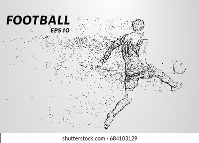 Football of the particles carries in the wind. Silhouette of a football player from circles