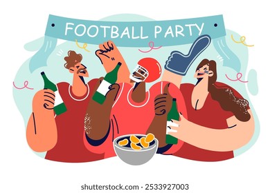 Football party with group of people drinking beer and eating pizza while cheering on college team competing for cup. Fans organized football party to have fun after hard week at work