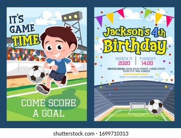 Football party invitation template with footballer vector illustration. Its game time come score goal cartoon design. Time and place for birthday celebration. Soccer concept