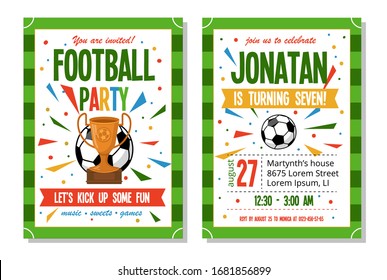 Football party for kids invitation template vector illustration. Address and time information on card flat style design. Birthday celebration and soccer sport concept