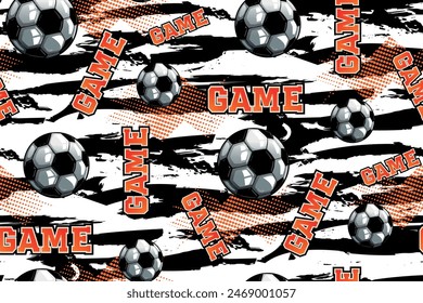 Football pattern on stripe grunge background. Seamless pattern with soccer ball and text Game. Zebra Background for sport wrapping paper, socks, clothes.