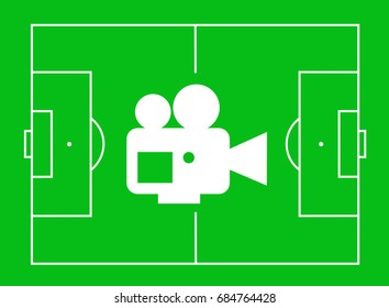 Football pitch and camera for recording as metaphor meaning: Usage of video assistant referee in soccer game / television broadcast of sport match