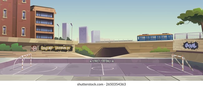 Campo de futebol para competições de futebol de rua. Área suburbana, arena de concreto com marcações, grafite, ponte ferroviária com túnel, transporte de trem. Nível de jogo, fundo de paralaxe, desenho animado.