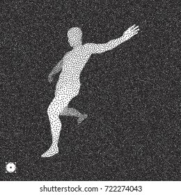 Football player. 3D model of man. Black and white grainy dotwork design. Stippled vector illustration.