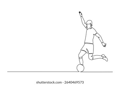 Football player in action in continuous one line drawing. Single line art illustration of soccer player. Editable vector.