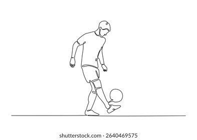 Football player in action in continuous one line drawing. Single line art illustration of soccer player. Editable vector.