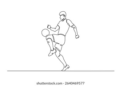 Football player in action in continuous one line drawing. Single line art illustration of soccer player. Editable vector.