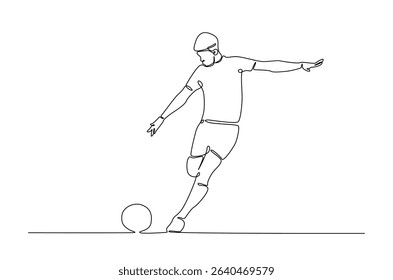 Football player in action in continuous one line drawing. Single line art illustration of soccer player. Editable vector.