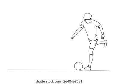 Football player in action in continuous one line drawing. Single line art illustration of soccer player. Editable vector.