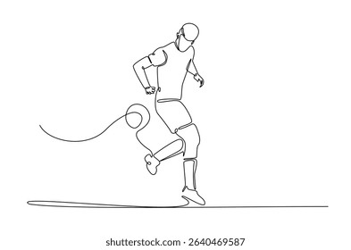 Football player in action in continuous one line drawing. Single line art illustration of soccer player. Editable vector.