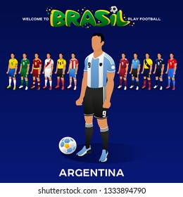 Football player of Argentina and other national team players in the form of national teams. Championship Conmeball Copa America 2019 in Brazil. Vector illustration in flat style.