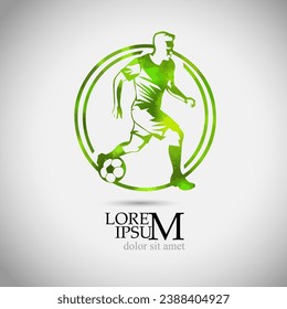 Football player with ball green logo. hand drawing. Not AI. Vector illustration