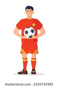 Football player with a ball in his hands on a white background. Vector illustration.