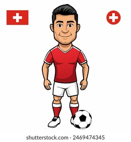 Jugador de fútbol con la bola aislada sobre fondo blanco. Bandera de Suiza con insignia. Juegos de verano 2024. Ilustración vectorial.