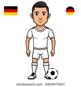 Jugador de fútbol con la bola aislada sobre fondo blanco. Bandera de Alemania con insignia. Juegos de verano 2024. Ilustración vectorial.