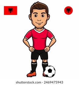 Jugador de fútbol con la bola aislada sobre fondo blanco. Bandera de Albania con insignia. Juegos de verano 2024. Ilustración vectorial.