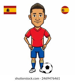 Jugador de fútbol con la bola aislada sobre fondo blanco. Bandera de España con insignia. Juegos de verano 2024. Ilustración vectorial.