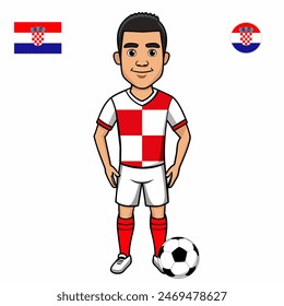 Jugador de fútbol con la bola aislada sobre fondo blanco. Bandera de Croacia con insignia. Juegos de verano 2024. Ilustración vectorial.