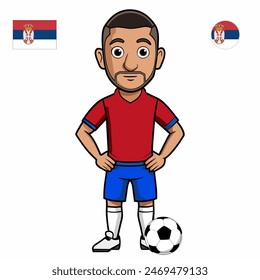 Jugador de fútbol con la bola aislada sobre fondo blanco. Bandera de Serbia con insignia. Juegos de verano 2024. Ilustración vectorial.