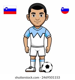 Jugador de fútbol con la bola aislada sobre fondo blanco. Bandera de Eslovenia con insignia. Juegos de verano 2024. Ilustración vectorial.