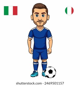 Jugador de fútbol con la bola aislada sobre fondo blanco. Bandera de Italia con insignia. Juegos de verano 2024. Ilustración vectorial.