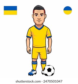 Jugador de fútbol con la bola aislada sobre fondo blanco. Bandera de Ucrania con insignia. Juegos de verano 2024. Ilustración vectorial.