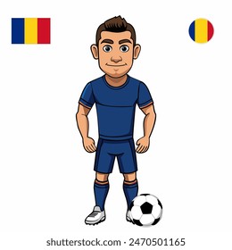 Jugador de fútbol con la bola aislada sobre fondo blanco. Bandera de Rumania con insignia. Juegos de verano 2024. Ilustración vectorial.