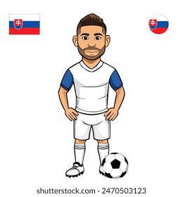 Jugador de fútbol con la bola aislada sobre fondo blanco. Bandera de Eslovaquia con insignia. Juegos de verano 2024. Ilustración vectorial.