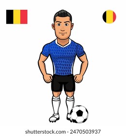 Jugador de fútbol con la bola aislada sobre fondo blanco. Bandera de Bélgica con insignia. Juegos de verano 2024. Ilustración vectorial.