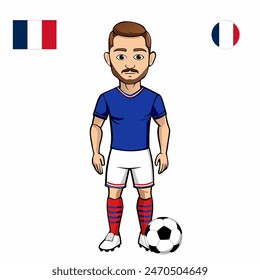 Jugador de fútbol con la bola aislada sobre fondo blanco. Bandera de Francia con insignia. Juegos de verano 2024. Ilustración vectorial.