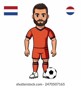 Jugador de fútbol con la bola aislada sobre fondo blanco. Bandera de los Países Bajos con placa. Juegos de verano 2024. Ilustración vectorial.