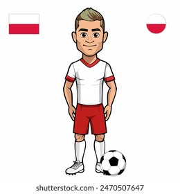 Football player with ball isolated on white background. Poland flag with badge. Summer Games 2024. Vector illustration.