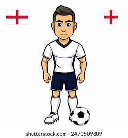 Jugador de fútbol con la bola aislada sobre fondo blanco. Bandera de Inglaterra con insignia. Juegos de verano 2024. Ilustración vectorial.