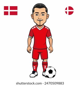 Jugador de fútbol con la bola aislada sobre fondo blanco. Bandera de Dinamarca con insignia. Juegos de verano 2024. Ilustración vectorial.