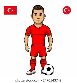 Jugador de fútbol con la bola aislada sobre fondo blanco. Bandera de Turquía con insignia. Juegos de verano 2024. Ilustración vectorial.