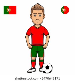 Jugador de fútbol con la bola aislada sobre fondo blanco. Bandera de Portugal con insignia. Juegos de verano 2024. Ilustración vectorial.