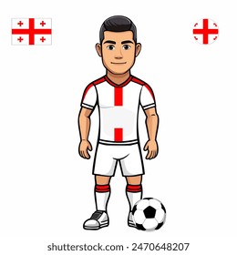 Jugador de fútbol con la bola aislada sobre fondo blanco. Bandera de Georgia con insignia. Juegos de verano 2024. Ilustración vectorial.