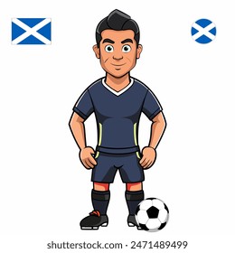 Jugador de fútbol con la bola aislada sobre fondo blanco. Bandera de Escocia con placa. Juegos de verano 2024. Ilustración vectorial.