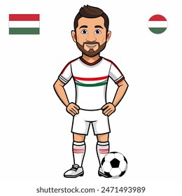 Jugador de fútbol con la bola aislada sobre fondo blanco. Bandera de Hungría con insignia. Juegos de verano 2024. Ilustración vectorial.