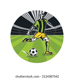 Football player with the ball in motion on the football field, color vector illustration in a circle