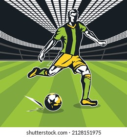 Football player with the ball in motion on the football field, color vector illustration