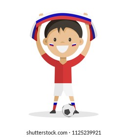 Football player with a ball on a white background raises a scarf with the flag of Russia over his head. Vector illustration.