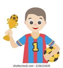 Football player with a ball and a reward. A cheerful cartoon character for the profession and sports theme