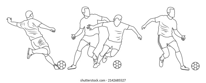 Football player with ball. Set of four line silhuette. Sports football illustration. Stock illustration