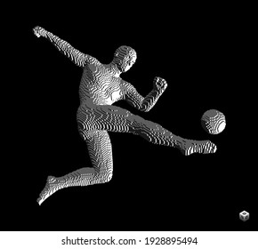 Football player with ball. Sports concept. Design element. Sport symbol. Voxel art. 3D vector illustration.