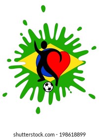 football player with a big heart kicking a ball with Brazil's country colors