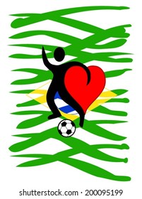 football player with a big heart kicking a ball with Brazil's country colors