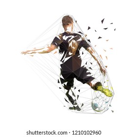 Football player in black jersey kicking ball, abstract low poly vector drawing. Soccer, isolated geometric colorful illustration