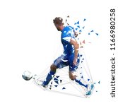 Football player in blue jersey pasing ball, abstract low poly vector drawing. Soccer player kicking ball. Isolated geometric colorful illustration, rear view