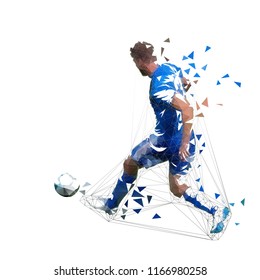 Football player in blue jersey pasing ball, abstract low poly vector drawing. Soccer player kicking ball. Isolated geometric colorful illustration, rear view